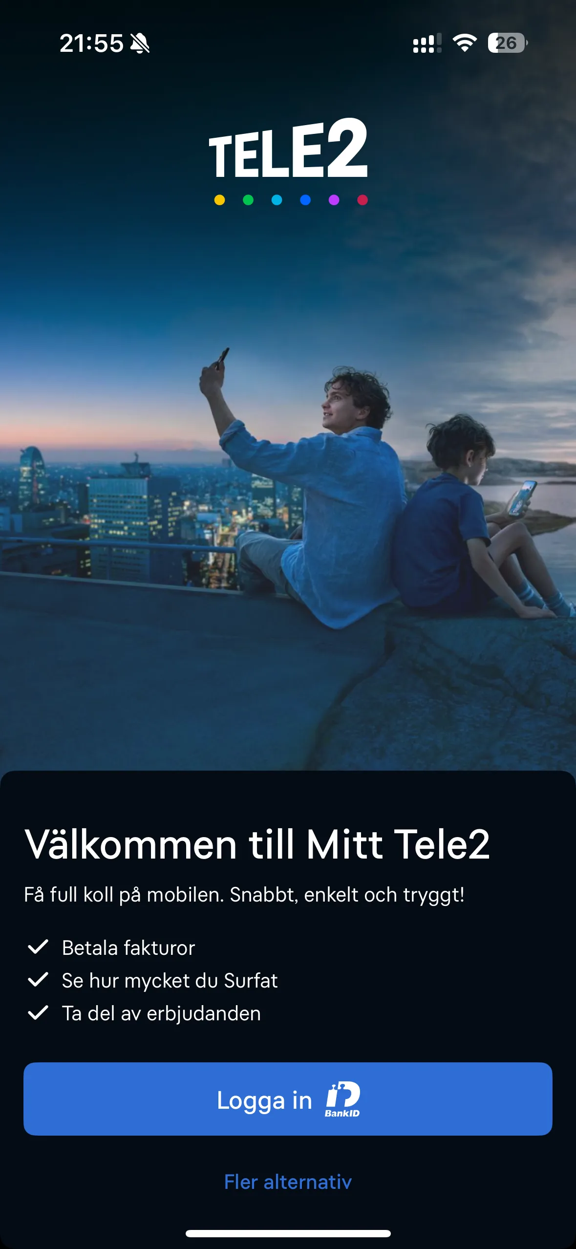 The Tele2 app's welcome screen, inviting the customer to log in to My Tele2.