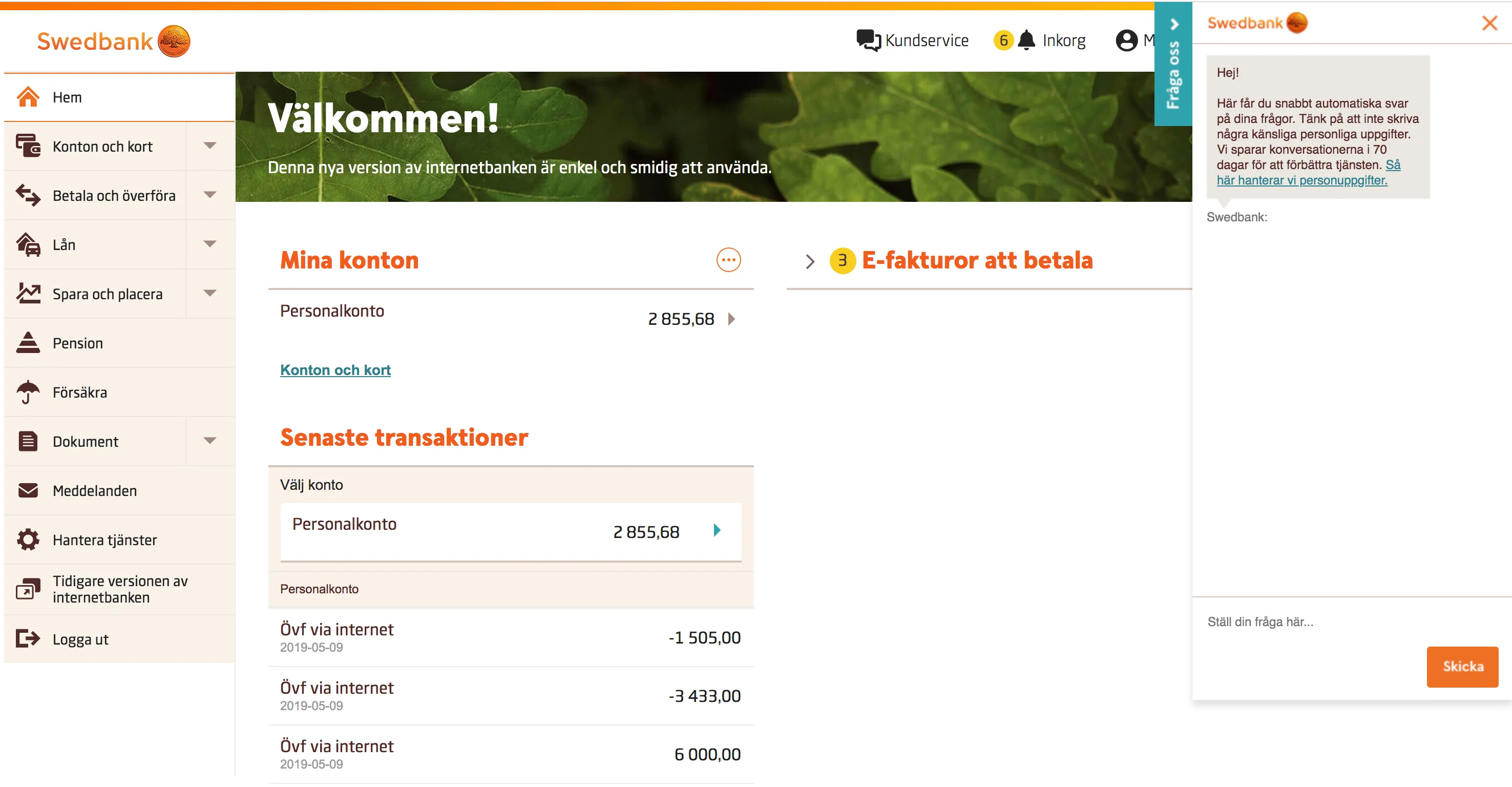 Swedbank's internet bank start page with the chatbot panel open on the right.