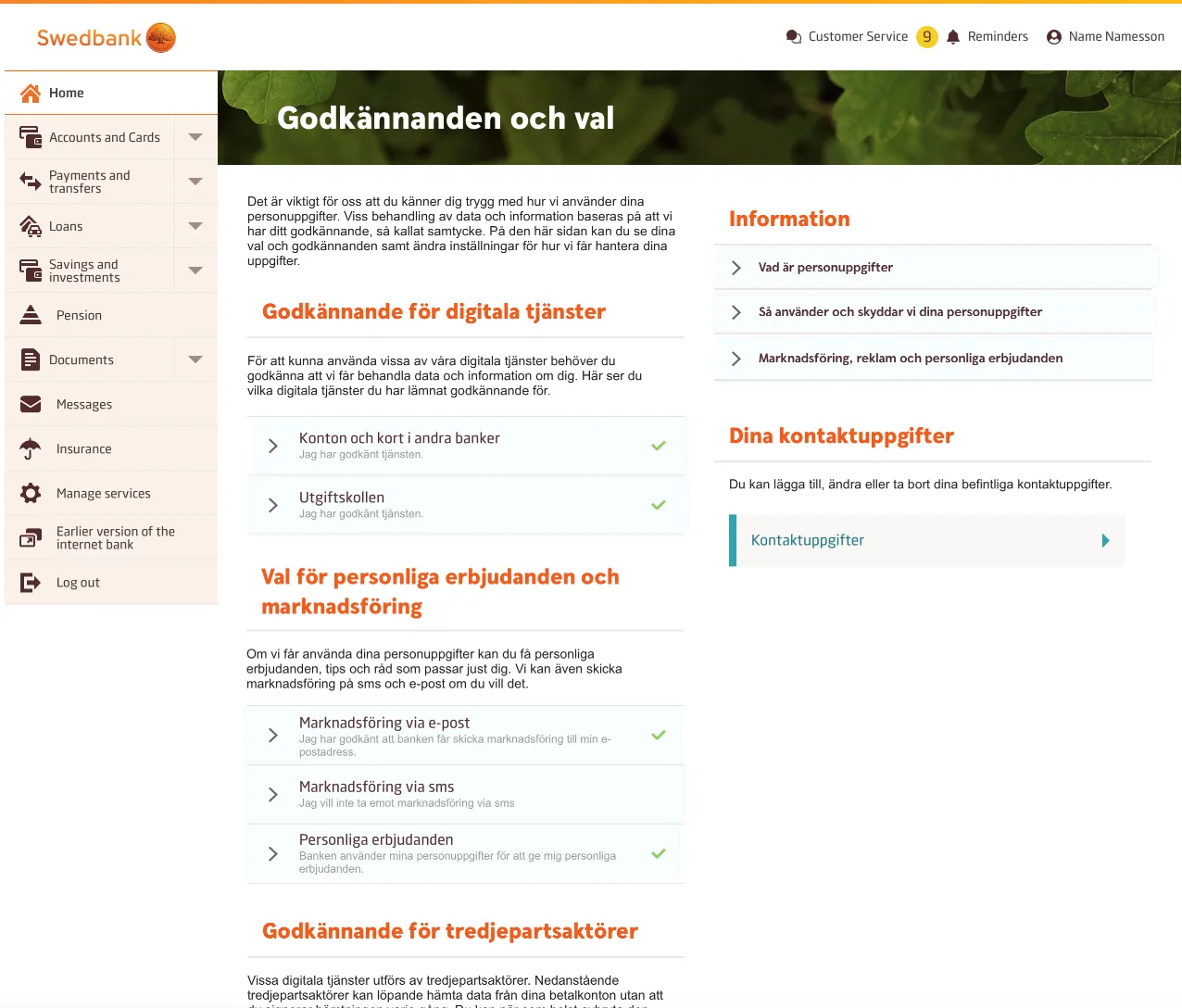 The new consents page in Swedbank's internet bank, grouping consents for digital services, personal offers and third parties.