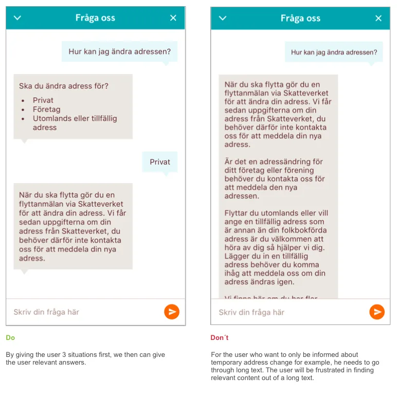 Two chat conversations side by side: a short reply that asks a clarifying question (do), and a long block of text (don't).