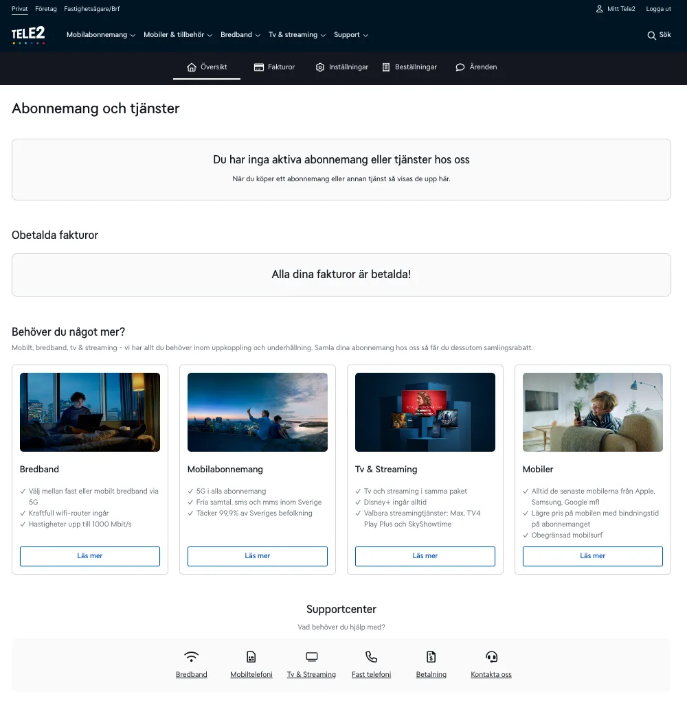 Tele2's logged-in web overview, with subscriptions, invoices to pay and suggested services.